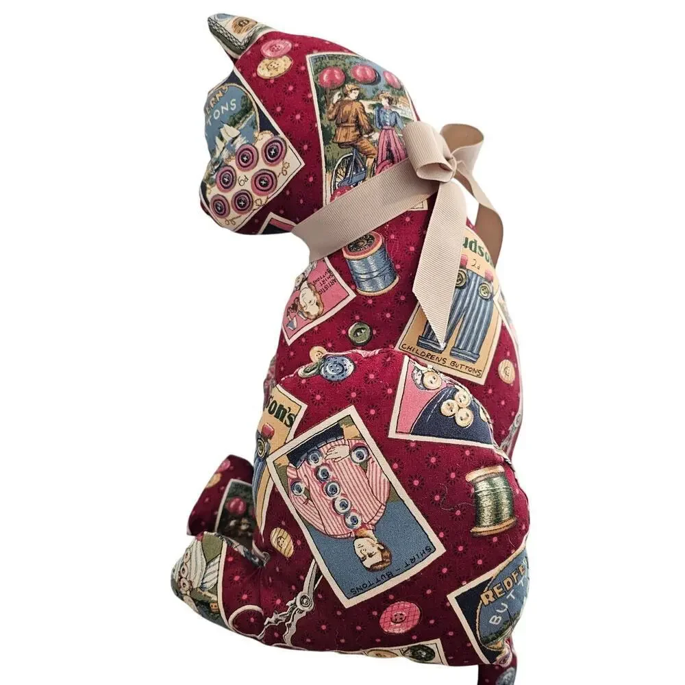 Vintage Handmade Cat Plush Red Patchwork Shelf Sitter Sewing Cottage Kitty Cats